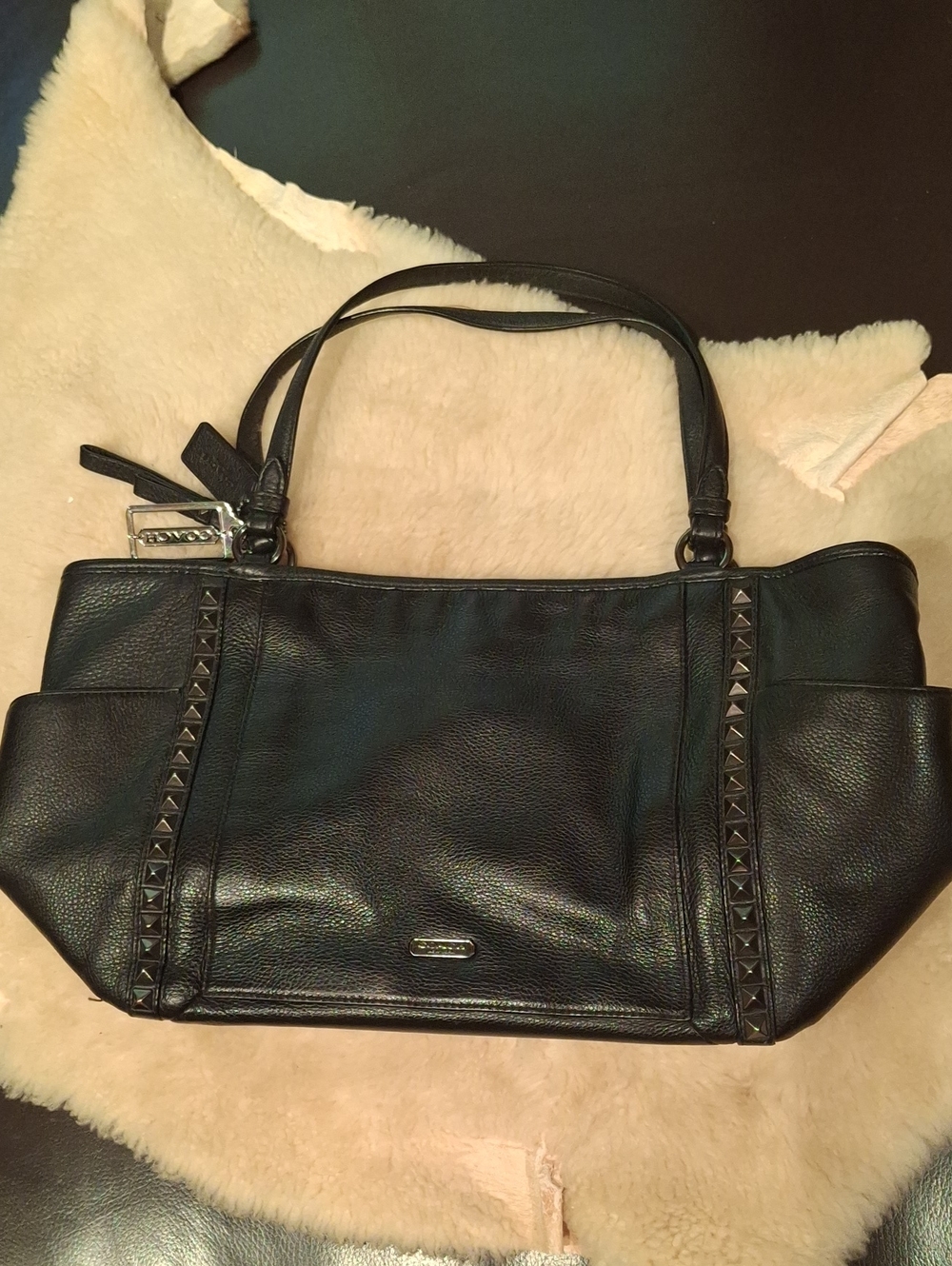 Coach Black Leather Shoulder Bag with Stud Trim